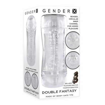 The Gender X Double Fantasy by Gender X features a transparent design revealing images of the beaded, circular inner channel. This dual-ended stroker is crafted from body-safe TPE material for a secure and pleasurable experience.