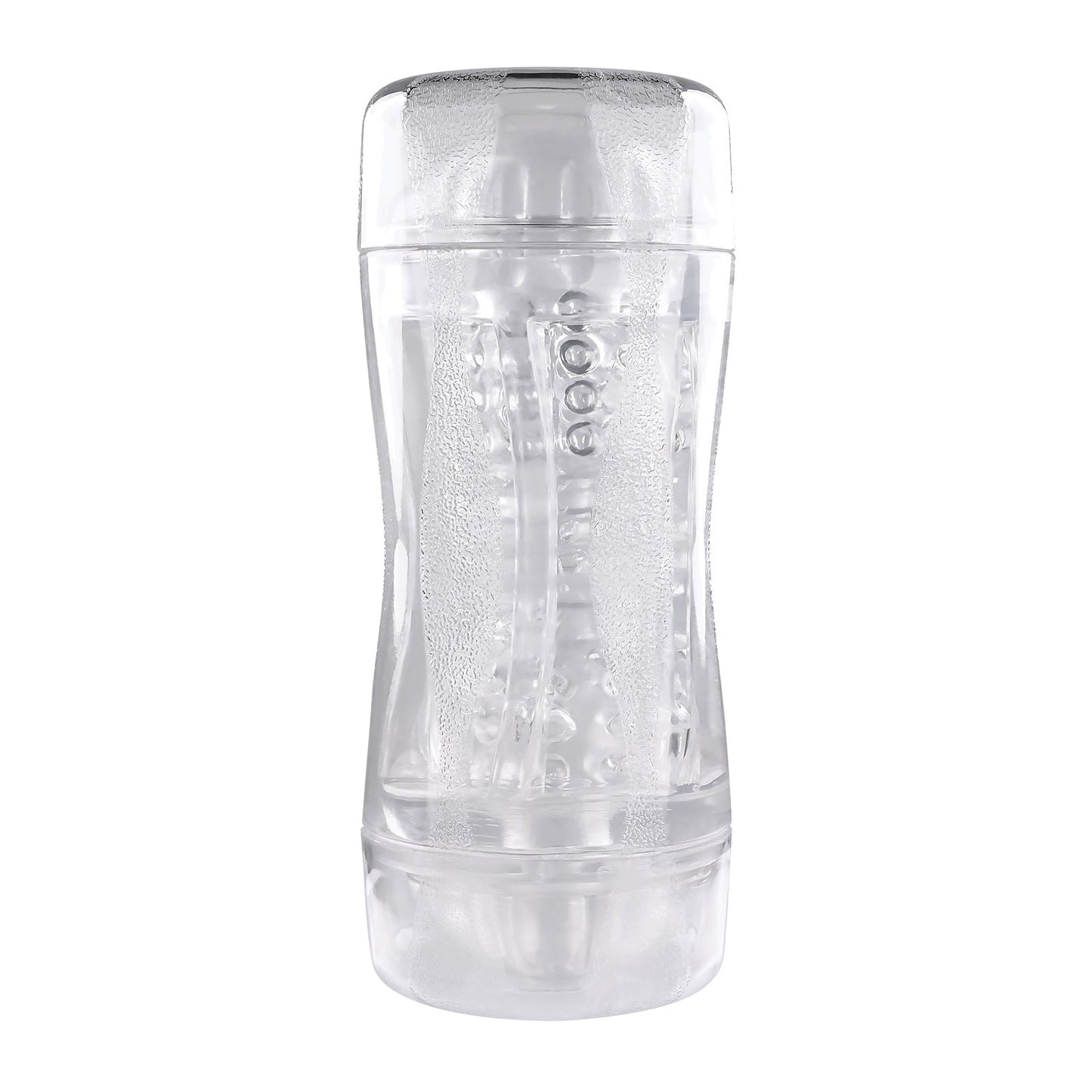 The Gender X Double Fantasy water bottle features a see-through design that emphasizes its hourglass shape. With a removable lid and visible inner ridges for grip and style, it stands empty against a white background, showcasing sleek simplicity.