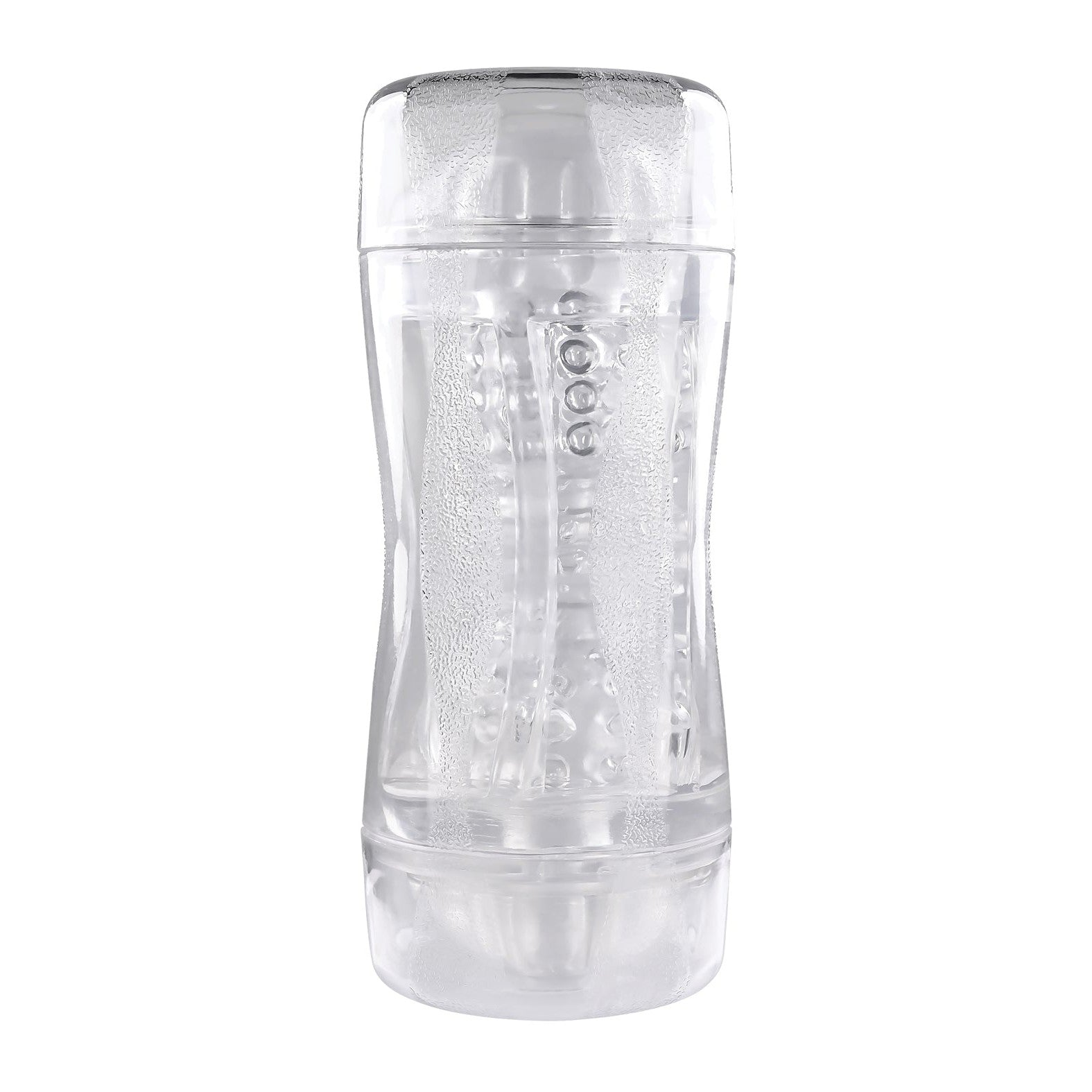 The Gender X Double Fantasy water bottle features a see-through design that emphasizes its hourglass shape. With a removable lid and visible inner ridges for grip and style, it stands empty against a white background, showcasing sleek simplicity.