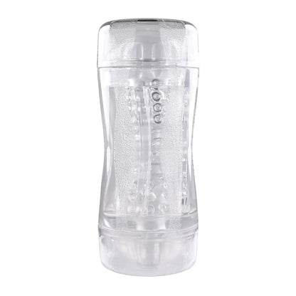 The Gender X Double Fantasy water bottle features a see-through design that emphasizes its hourglass shape. With a removable lid and visible inner ridges for grip and style, it stands empty against a white background, showcasing sleek simplicity.