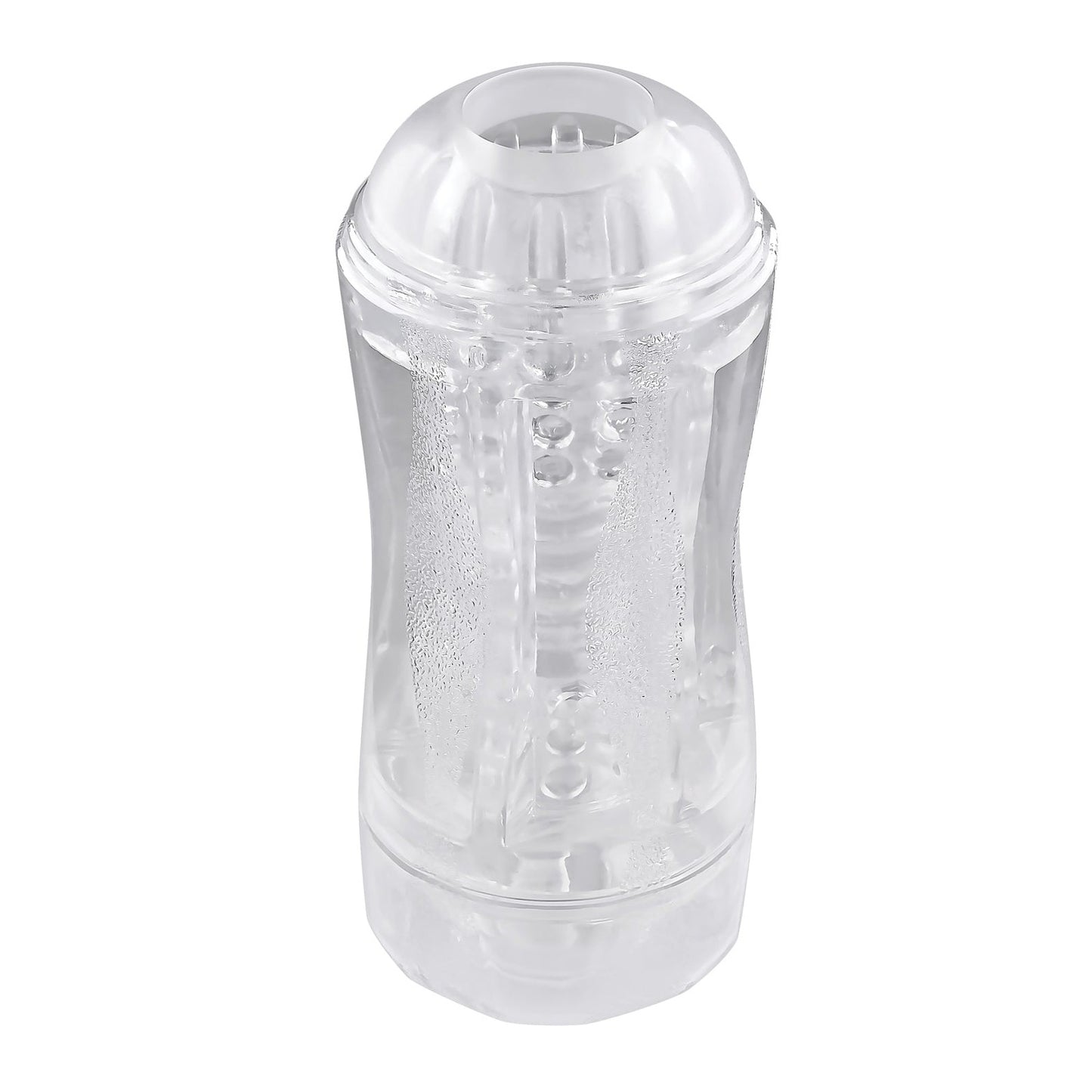 The Gender X Double Fantasy by Gender X features a transparent, ribbed plastic container with a screw-on lid. Its cylindrical design has a textured interior for better grip and utility.