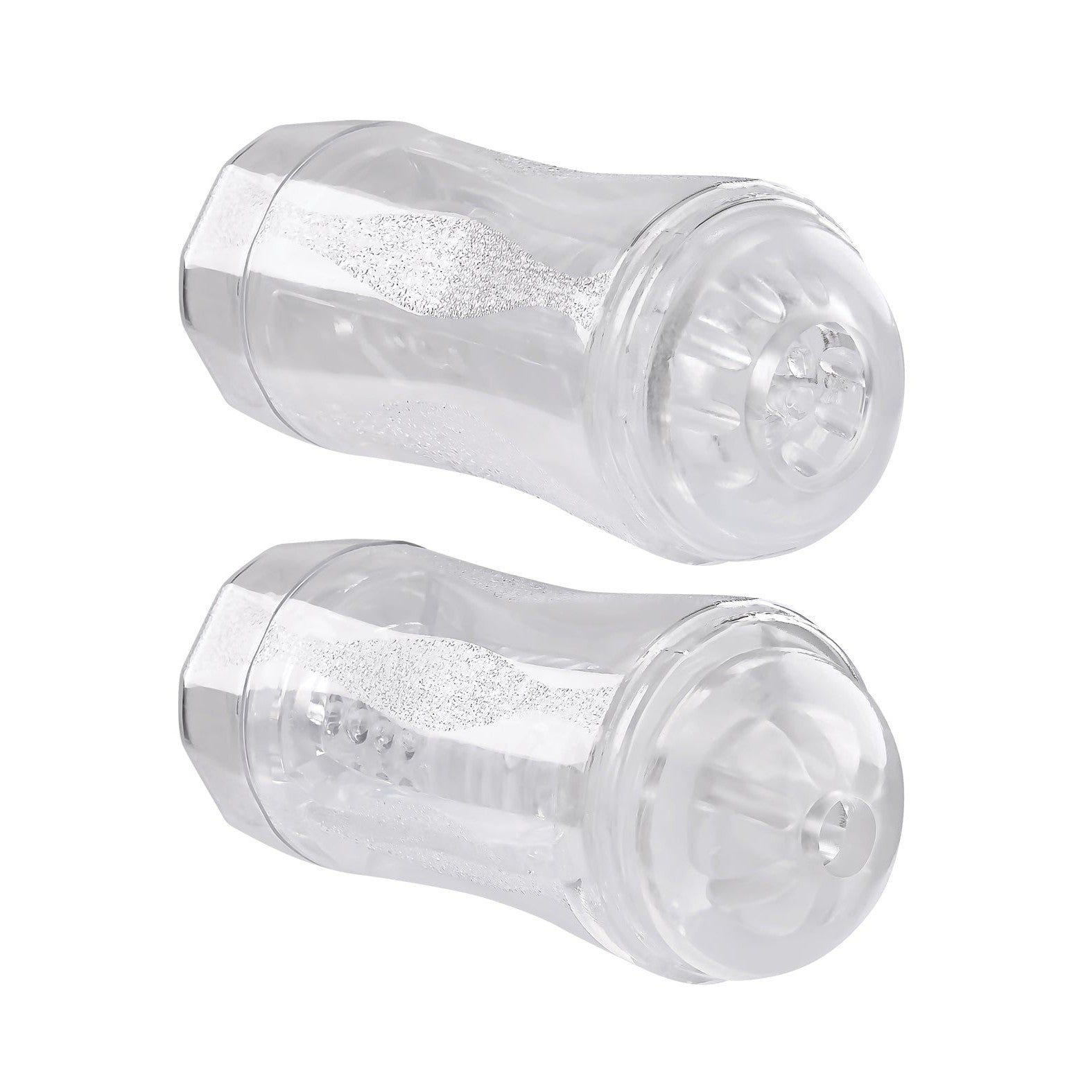 Two Gender X Double Fantasy textured cylindrical objects, transparent with intricate internal patterns, positioned side by side on a white background.