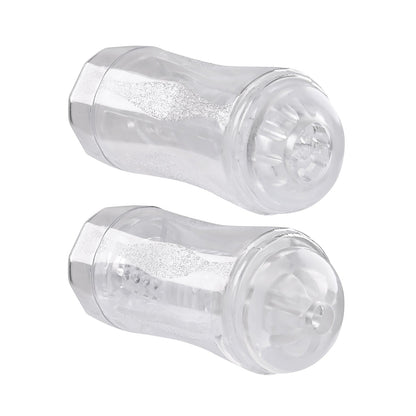 Two Gender X Double Fantasy textured cylindrical objects, transparent with intricate internal patterns, positioned side by side on a white background.
