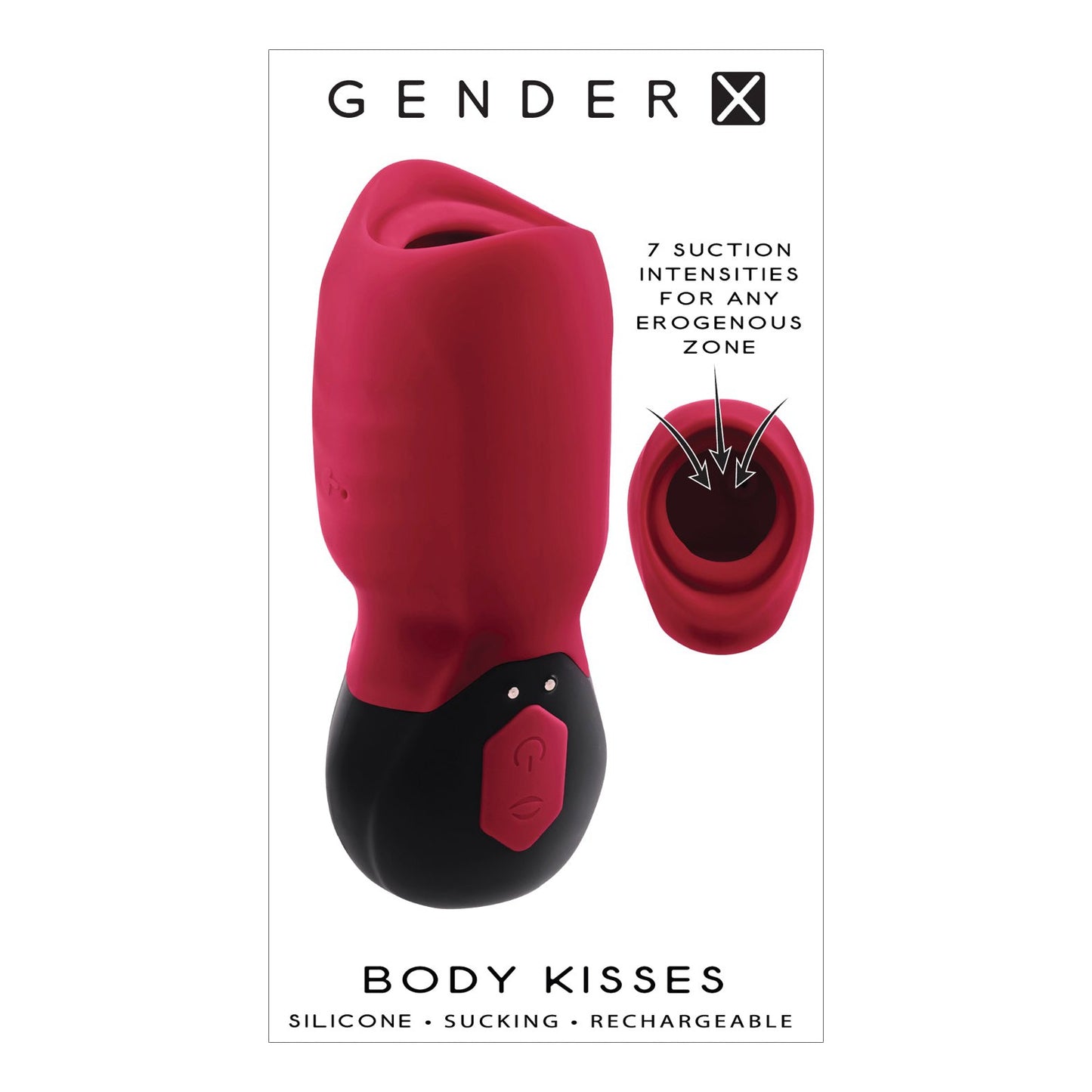 The image features the red and black Gender X Body Kisses Vibrating Suction Massager, a versatile device with 7 intensity levels. Made of silicone, its perfect for any erogenous zone and customizable for enhanced pleasure. This rechargeable product is designed to elevate your experience.