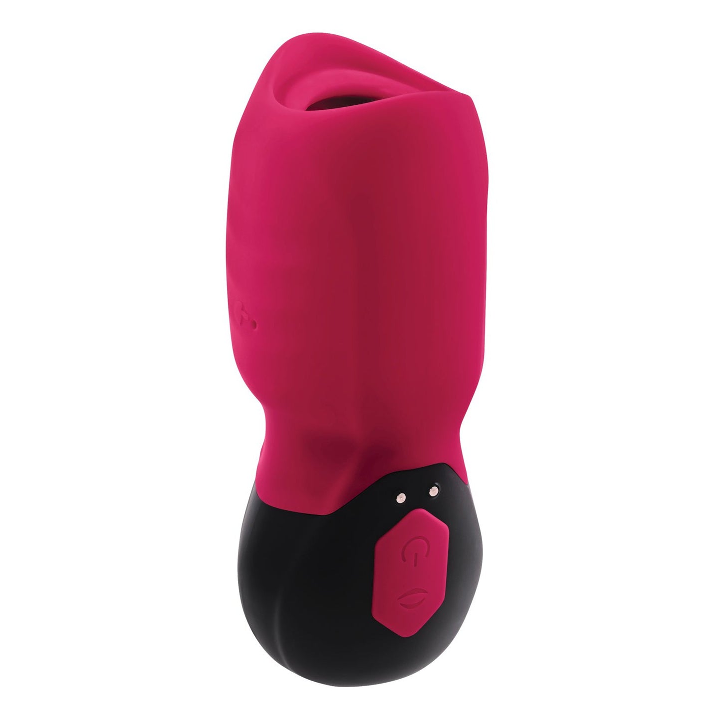The Gender X Body Kisses Vibrating Suction Massager is a pink and black handheld device with buttons on the front, featuring a pink top with an open circular end and a black bottom with a customizable pleasure control panel.
