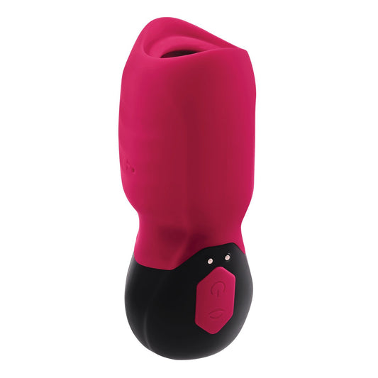 The Gender X Body Kisses Vibrating Suction Massager is a pink and black handheld device with buttons on the front, featuring a pink top with an open circular end and a black bottom with a customizable pleasure control panel.