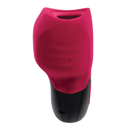 The Gender X Body Kisses Vibrating Suction Massager comes in pink and black, with a soft, textured exterior. It features a small circular opening, a magnetic charging port, and offers customizable pleasure.