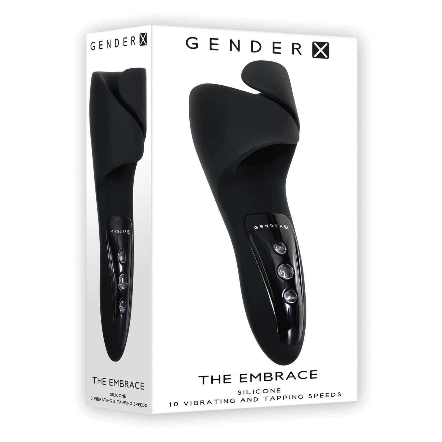 A white box features Gender Xs black silicone personal massager, The Embrace. It highlights the 10 vibrating and tapping speeds, ergonomic handle, submersible design, and three buttons for easy control.