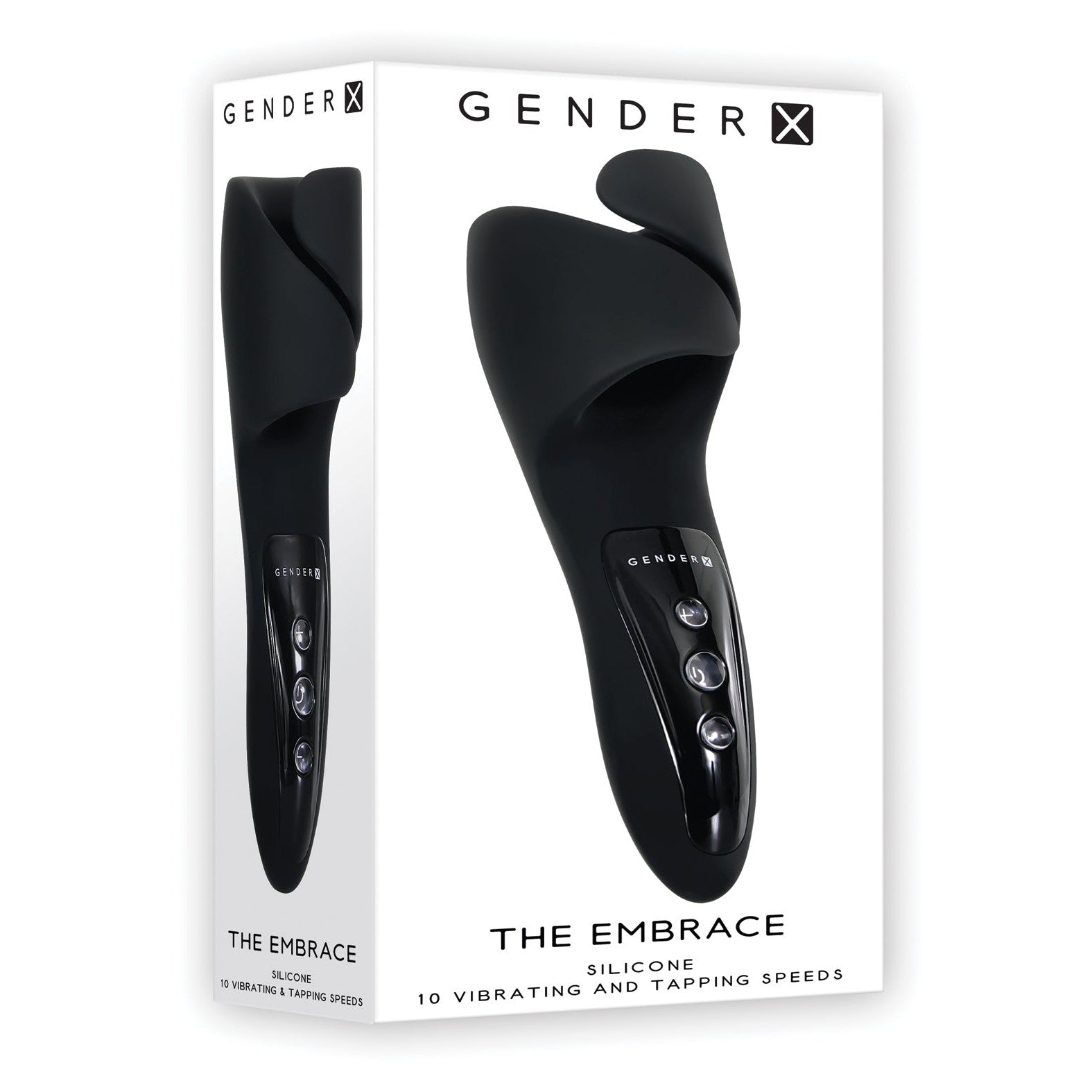 A white box features Gender Xs black silicone personal massager, The Embrace. It highlights the 10 vibrating and tapping speeds, ergonomic handle, submersible design, and three buttons for easy control.