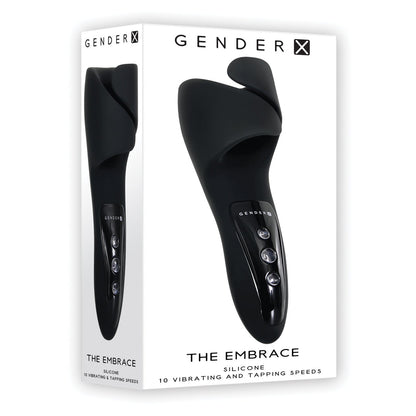 A white box features Gender Xs black silicone personal massager, The Embrace. It highlights the 10 vibrating and tapping speeds, ergonomic handle, submersible design, and three buttons for easy control.