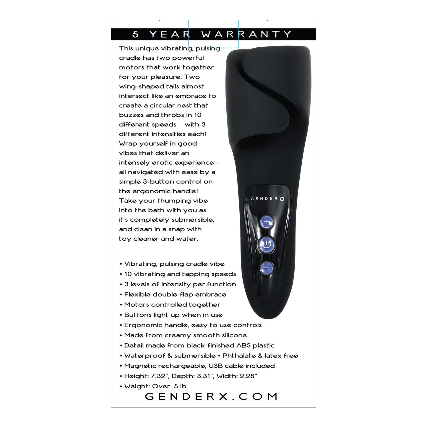 A detailed image showcases the Gender X The Embrace vibe in black. Features include 10 functions, a powerful motor, intuitive buttons, an ergonomic handle, and a luxurious finish. Its submersible and rechargeable.