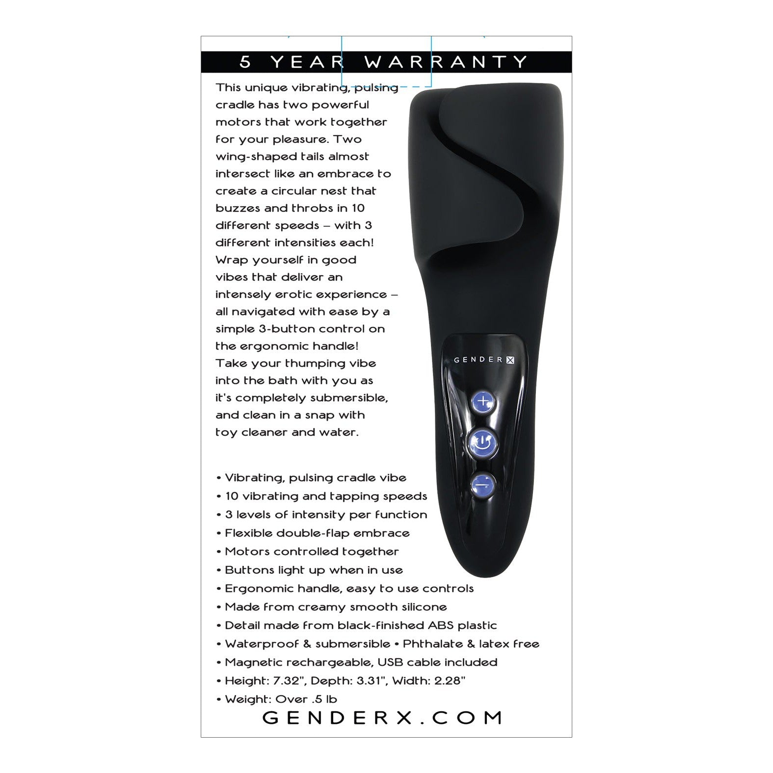A detailed image showcases the Gender X The Embrace vibe in black. Features include 10 functions, a powerful motor, intuitive buttons, an ergonomic handle, and a luxurious finish. Its submersible and rechargeable.