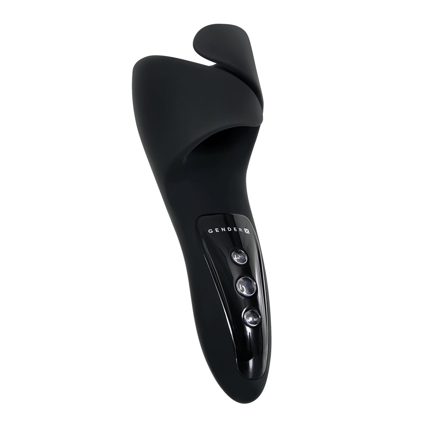 The Gender X The Embrace is a black handheld massage device with a sleek, ergonomic handle and a curved, leaf-like shape, featuring three control buttons on its glossy center surface.