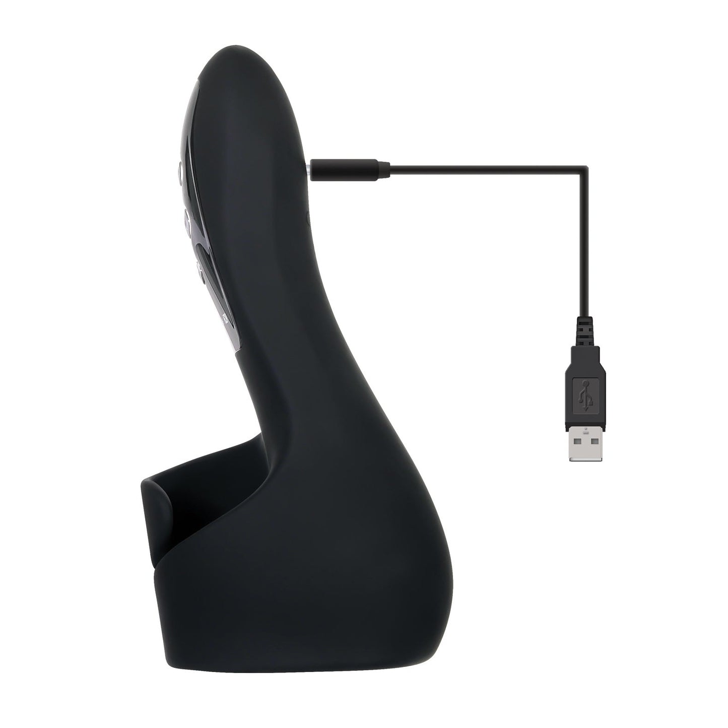 The Embrace by Gender X is a sleek black device with an ergonomic handle and includes a USB charging cable, all nestled in a matching stand.