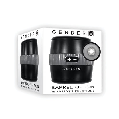 The box for the Gender X Barrel of Fun, a black and gray personal device, features double-sided entries and textured feelers with 12 vibration settings. The image highlights the product and details its intricate interior design.