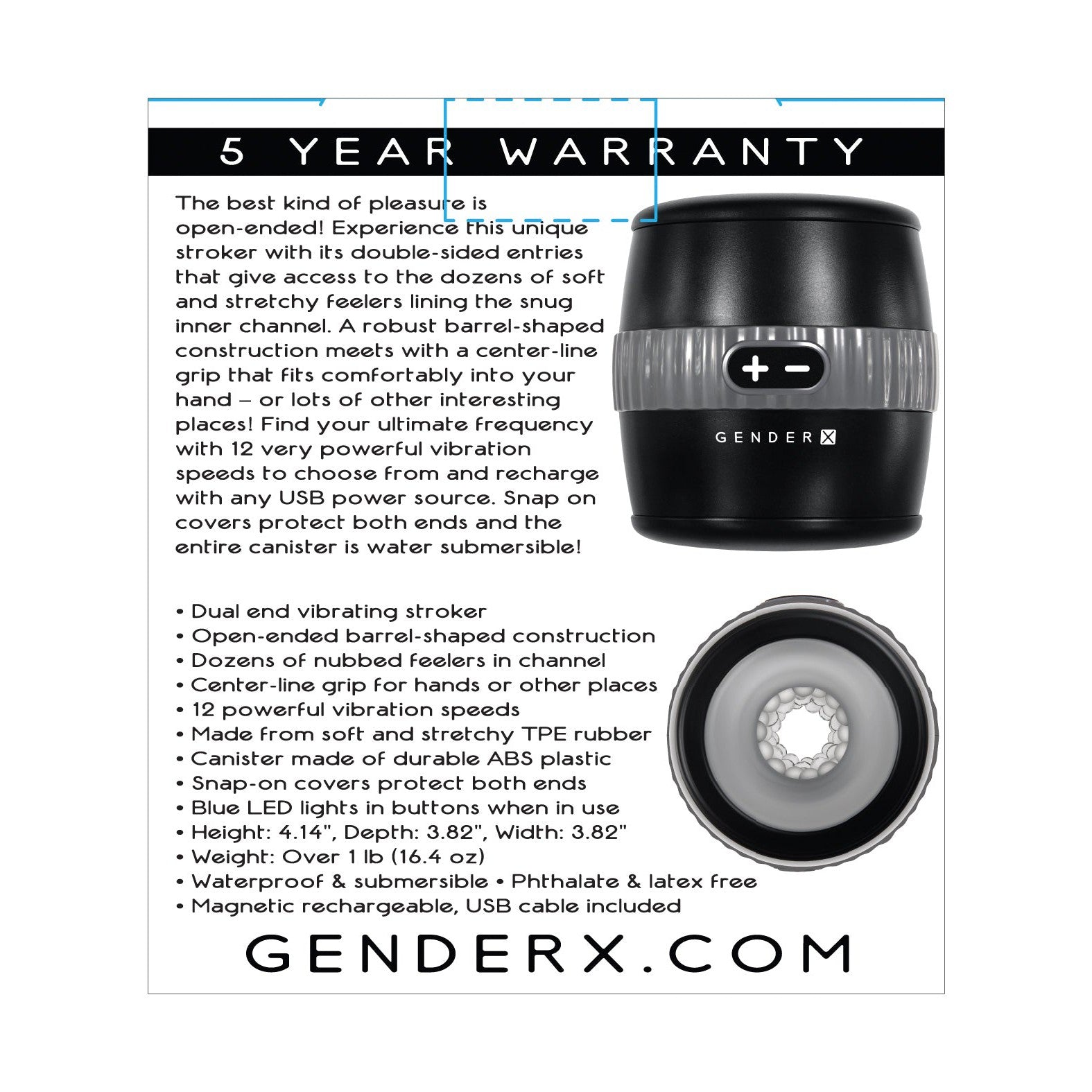 Explore the ad for Gender X Barrel of Fun, a textured stroker with dual-sided entries and powerful dual-speed vibrations. Its phthalate and latex-free, offers a 5-year warranty, and is USB-compatible. For details, visit genderx.com.