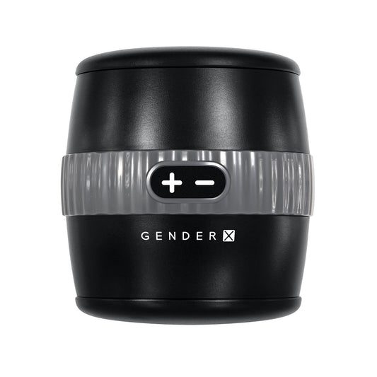 The Gender X Barrel of Fun is a black cylindrical device with a transparent band featuring plus and minus buttons for multiple vibration speeds. The sleek black surface displays Gender X beneath the buttons.