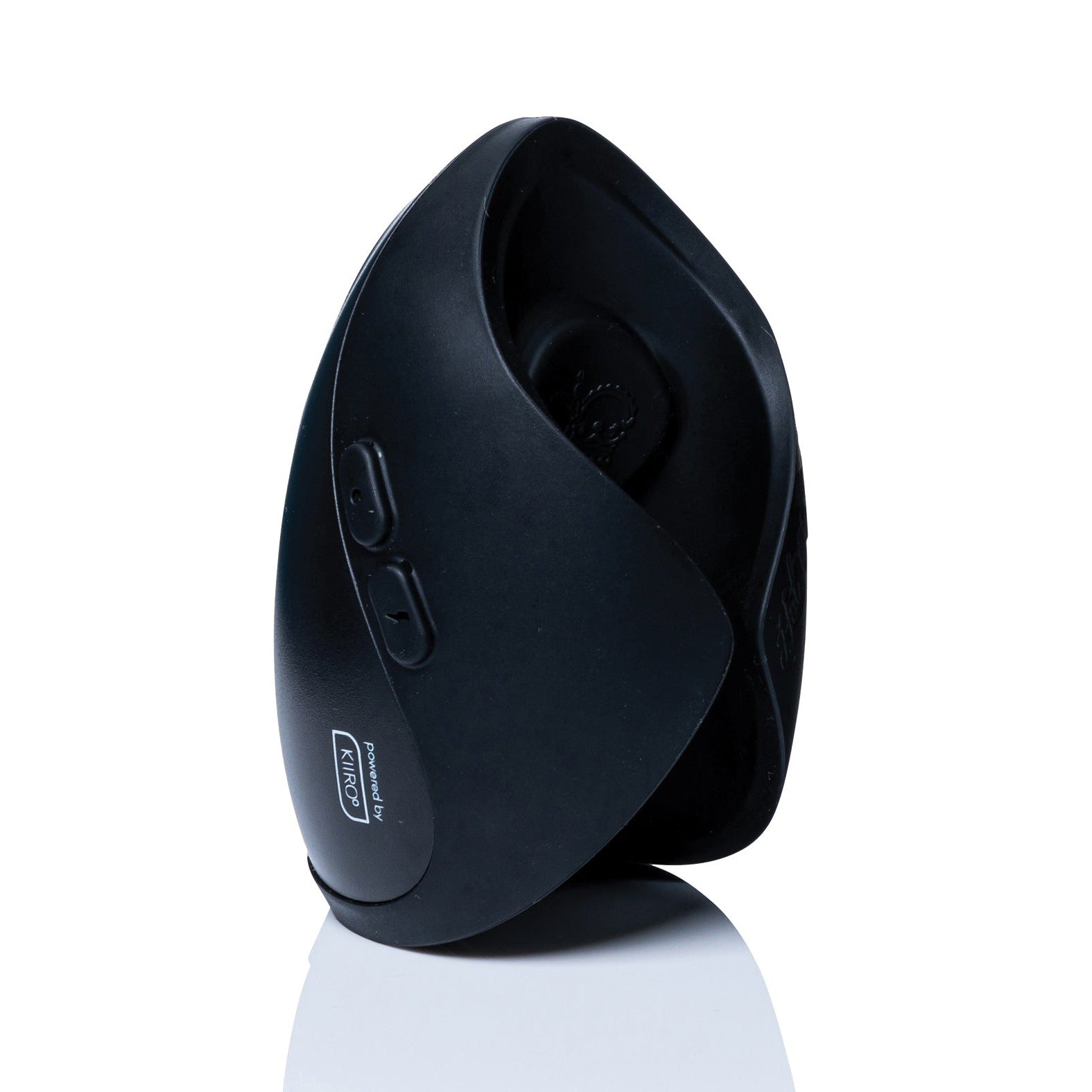 The Hot Octopuss Pulse Solo Interactive HO22, a sleek black ergonomic vertical computer mouse, stands on its side. It offers hands-free pleasure with an intuitive design, featuring two side buttons and a logo on a plain white background casting a subtle reflection.