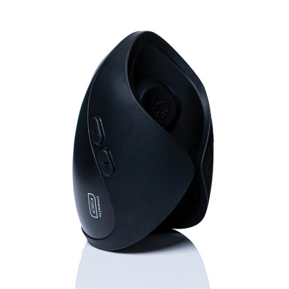 The Hot Octopuss Pulse Solo Interactive HO22, a sleek black ergonomic vertical computer mouse, stands on its side. It offers hands-free pleasure with an intuitive design, featuring two side buttons and a logo on a plain white background casting a subtle reflection.