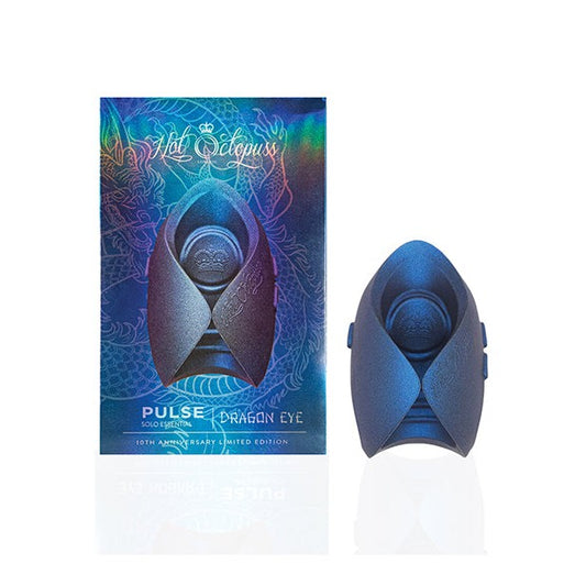 The blue metallic Pulse Dragon Eye 10th Anniversary Limited Edition by Hot Octopuss is showcased beside its colorful box, adorned with abstract designs and the promise of a hands-free magic experience.