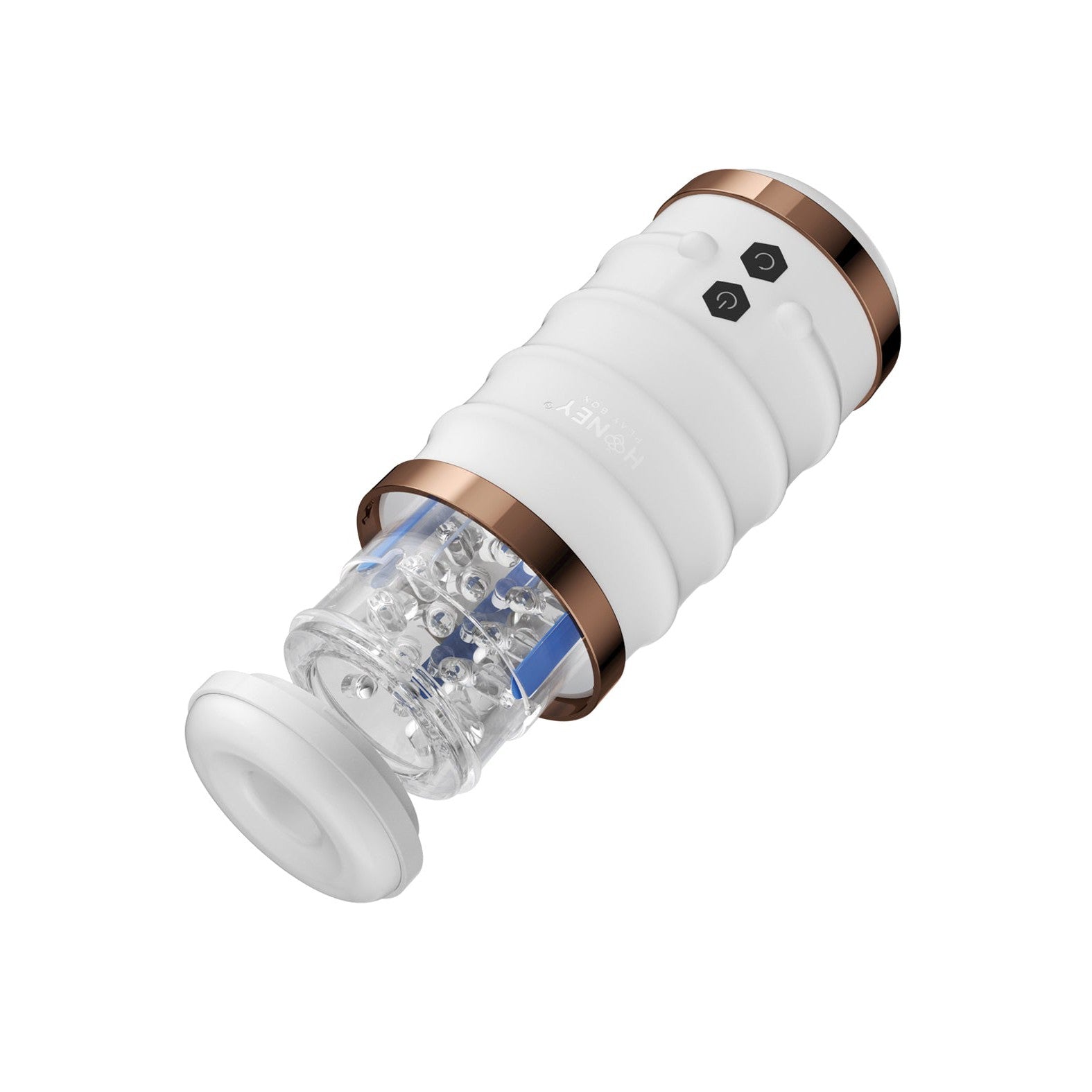 The Honey Play Box Warrior Auto Thrusting Male Masturbator is a sleek white and gold cylinder with a transparent middle section revealing its mechanism, featuring two black side buttons for seamless operation against a plain white background.