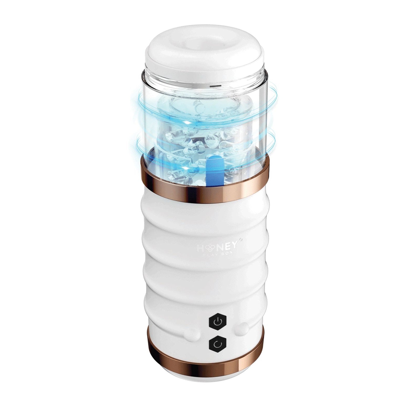 Discover the Honey Play Box Warrior, a white automatic male stroker with gold accents. Featuring an ergonomic design, it has front control buttons and a transparent section to showcase its innovative interior mechanism for an enhanced pleasure experience.