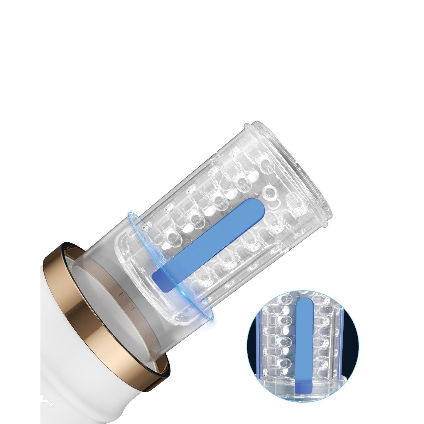 Close-up of the Honey Play Boxs Warrior Auto Thrusting Male Masturbator, featuring a transparent cylinder with a blue strip inside and small orbs, attached to a white and gold base against a plain white background.