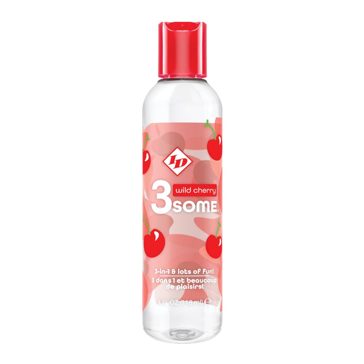 The ID 3Some 3-in-1 Delight lubricant by ID Lubricants features a wild cherry flavor with vibrant cherry graphics. Its designed for sensual massages and versatile use, offering pure pleasure in a 4 oz bottle with a red cap.