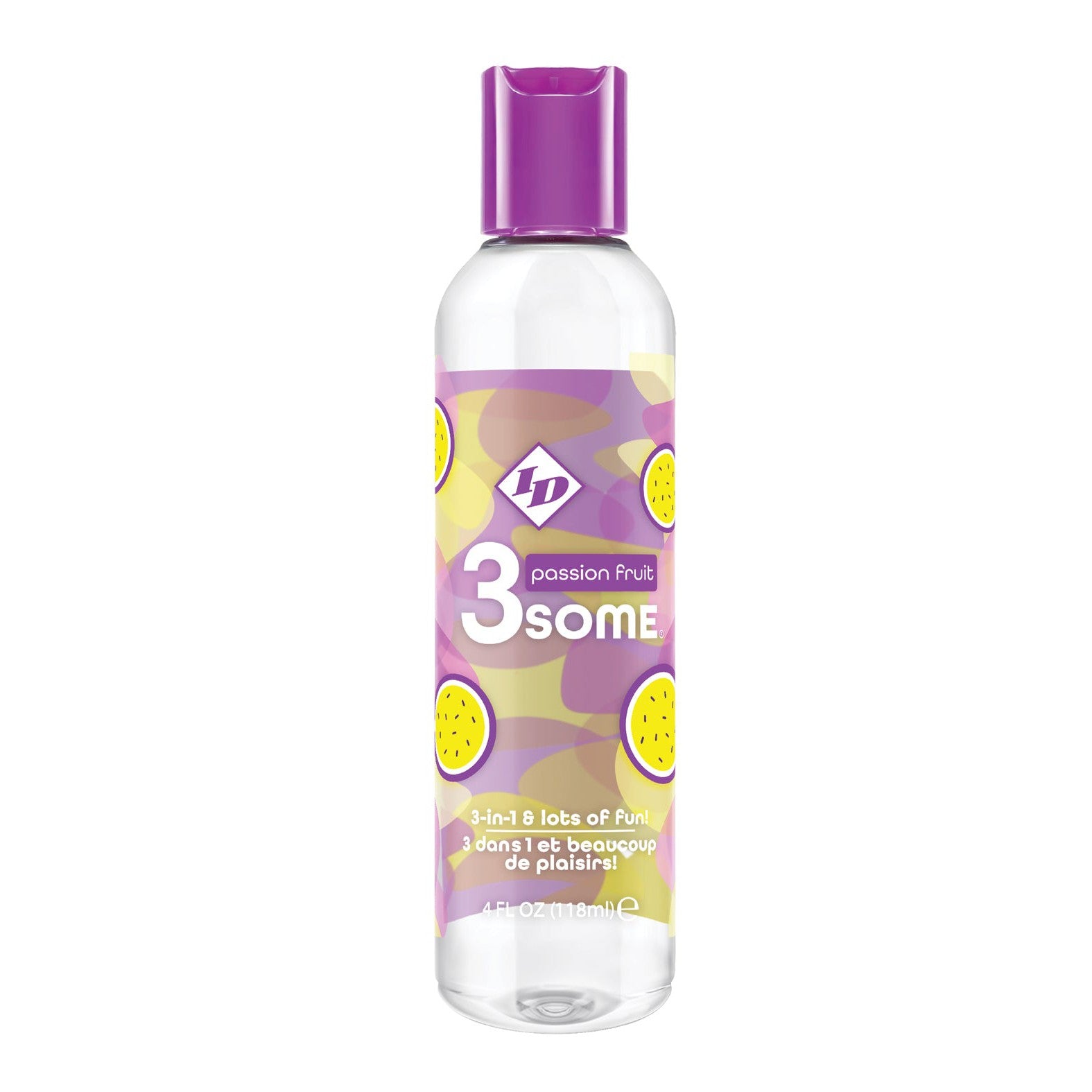 Clear bottle with a purple cap labeled ID 3some Passion Fruit by ID Lubricants, featuring yellow passion fruit illustrations. Described as 3-in-1 Delight, lots of fun! in English and French, ideal for sensual massages. Contains 4 fl oz (118 ml).