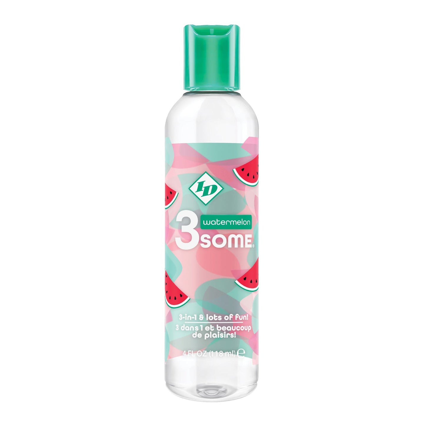 The 4 fl. oz. ID Lubricants product, ID 3some 3 in 1 Lubricant, comes in a clear bottle with a green cap and a playful pink and green design featuring watermelon slices. Labeled watermelon and lots of fun! in English and French, it promises fruit flavors for sensual massages.