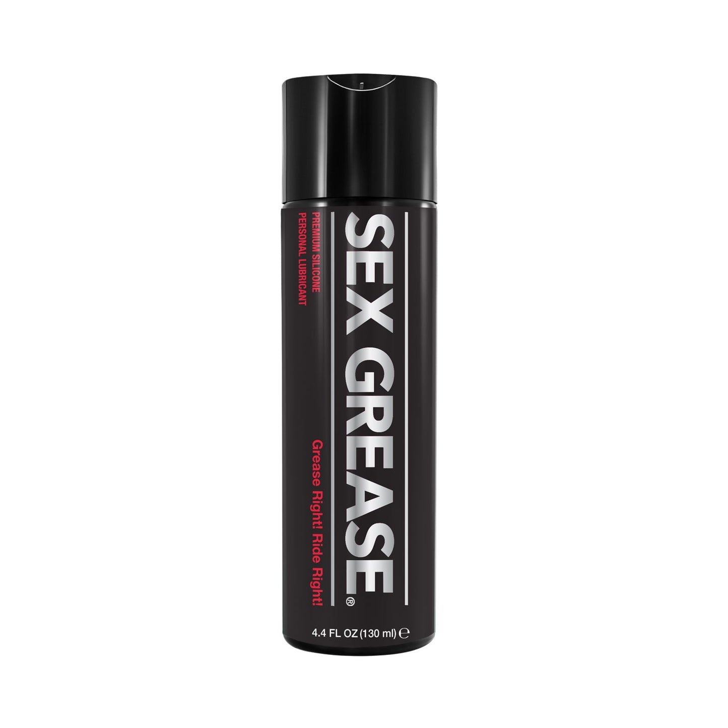 A sleek black cylindrical bottle labeled Sex Grease Silicone by ID Lubricants, featuring white and red text that highlights it as ultra-long lasting and condom friendly. Its a premium silicone lubricant designed for those seeking superior performance.