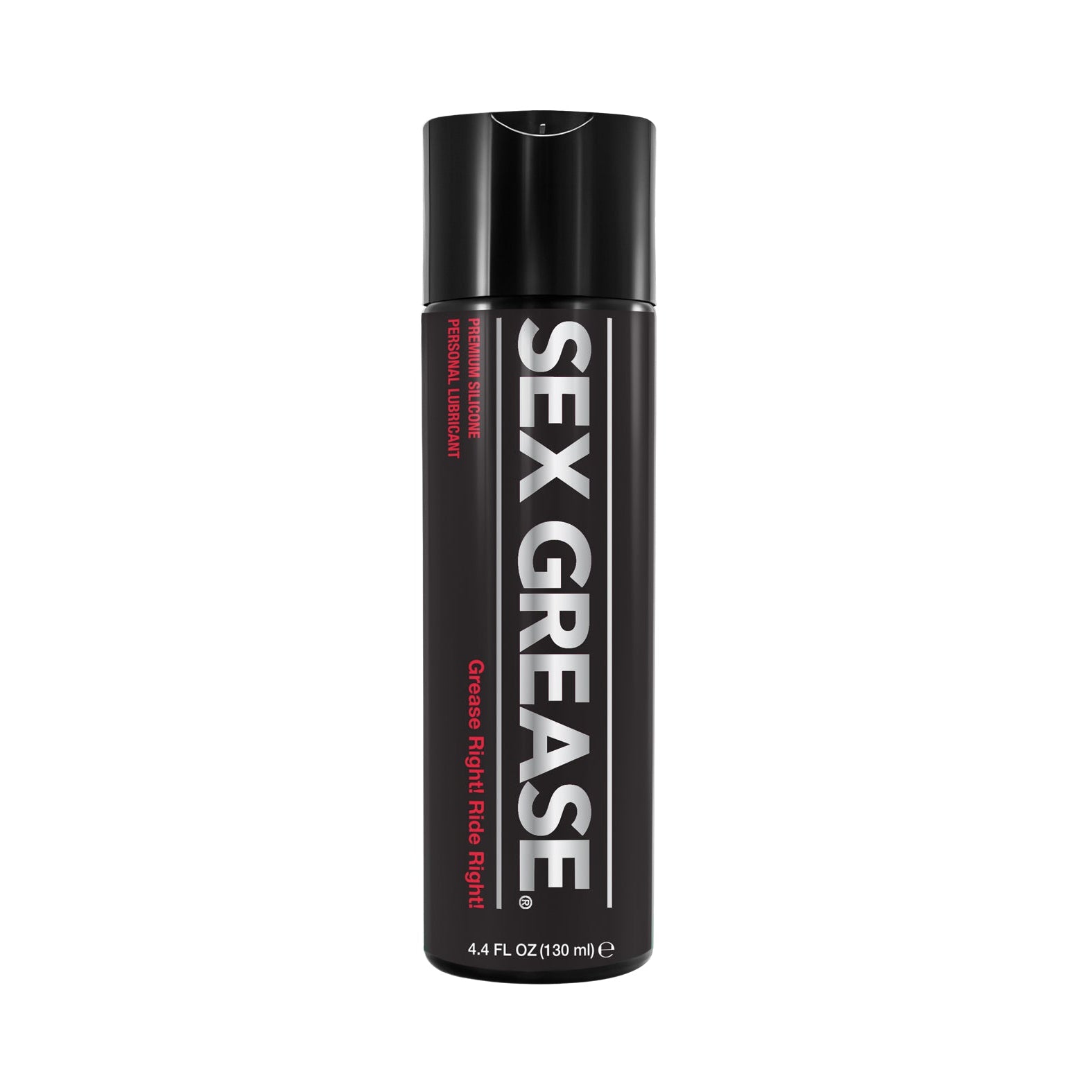 A sleek black cylindrical bottle labeled Sex Grease Silicone by ID Lubricants, featuring white and red text that highlights it as ultra-long lasting and condom friendly. Its a premium silicone lubricant designed for those seeking superior performance.