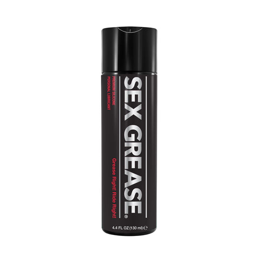 A sleek black cylindrical bottle labeled Sex Grease Silicone by ID Lubricants, featuring white and red text that highlights it as ultra-long lasting and condom friendly. Its a premium silicone lubricant designed for those seeking superior performance.