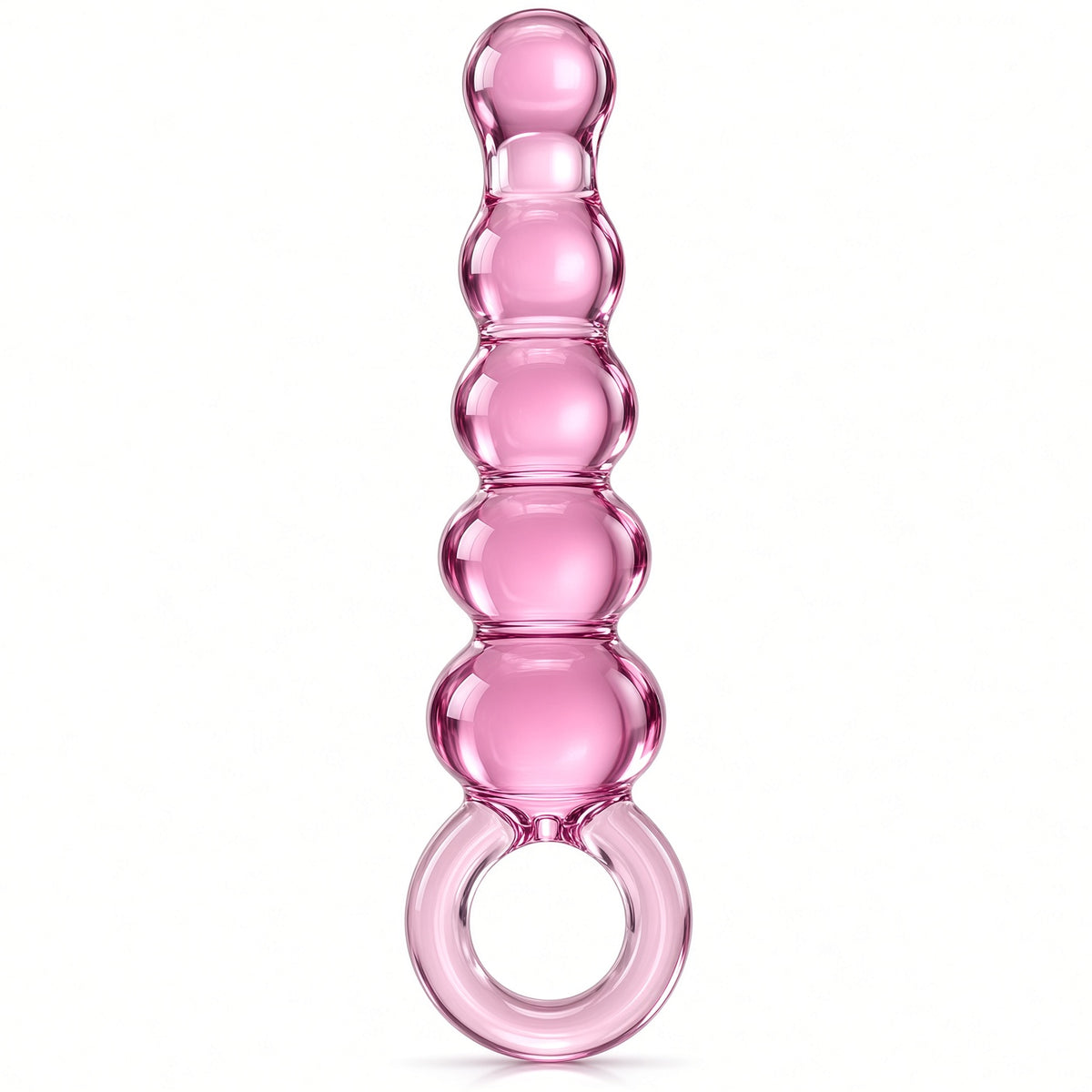 Glas Quintessence beaded glass anal slider in clear pink glass: five graduated bulbs above a round glass ring handle.