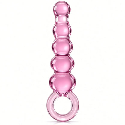 Glas Quintessence beaded glass anal slider in clear pink glass: five graduated bulbs above a round glass ring handle.