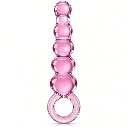 Glas Quintessence beaded glass anal slider in clear pink glass: five graduated bulbs above a round glass ring handle.