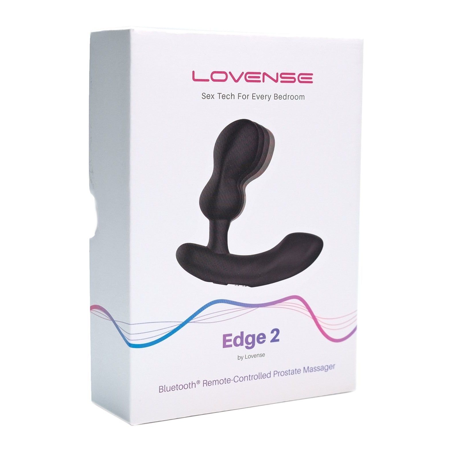 The Lovense Edge 2 Flexible Prostate Massagers box displays the product and features the brand tagline, Sex Tech For Every Bedroom, emphasizing its adjustable design and dual motors for enhanced P-spot stimulation.