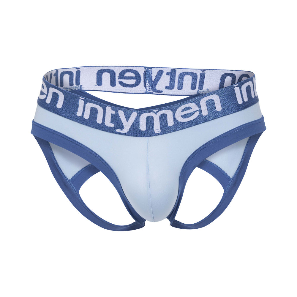 The Intymen Desert Jockstrap Crotchless Underwear, featuring light blue with dark blue trim and cut-out sides, ensures a supportive fit. It has a white waistband with intymen printed in blue, offering ultimate comfort from premium materials.