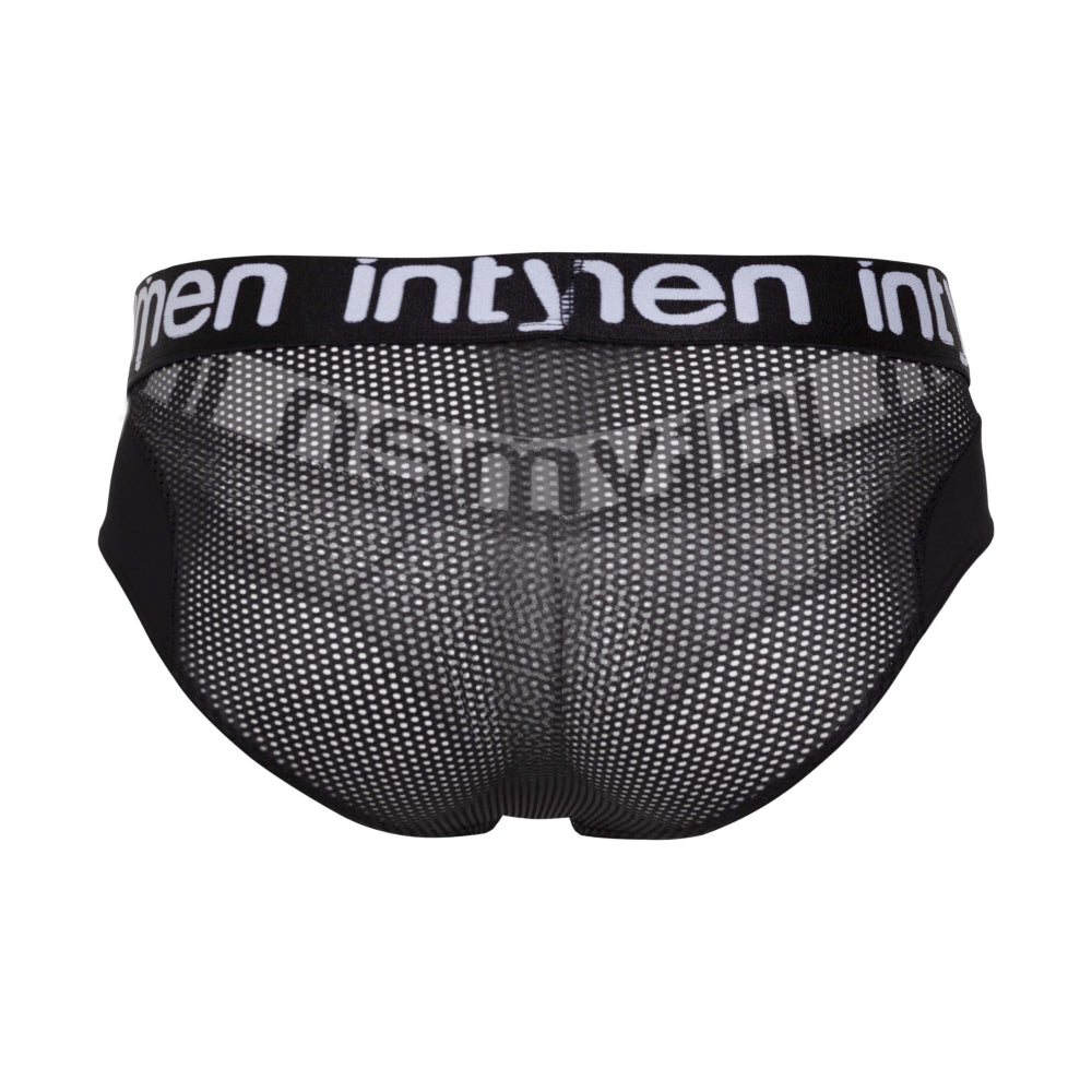 The Intymen Sun Mesh Boxer Brief Mens Underwear is a pair of black mesh briefs with a wide waistband featuring the brand Intymen in white letters. The semi-transparent design includes a contour pouch and ventilation mesh, offering a modern and bold style.