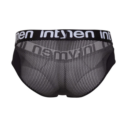 The Intymen Sun Mesh Boxer Brief Mens Underwear is a pair of black mesh briefs with a wide waistband featuring the brand Intymen in white letters. The semi-transparent design includes a contour pouch and ventilation mesh, offering a modern and bold style.
