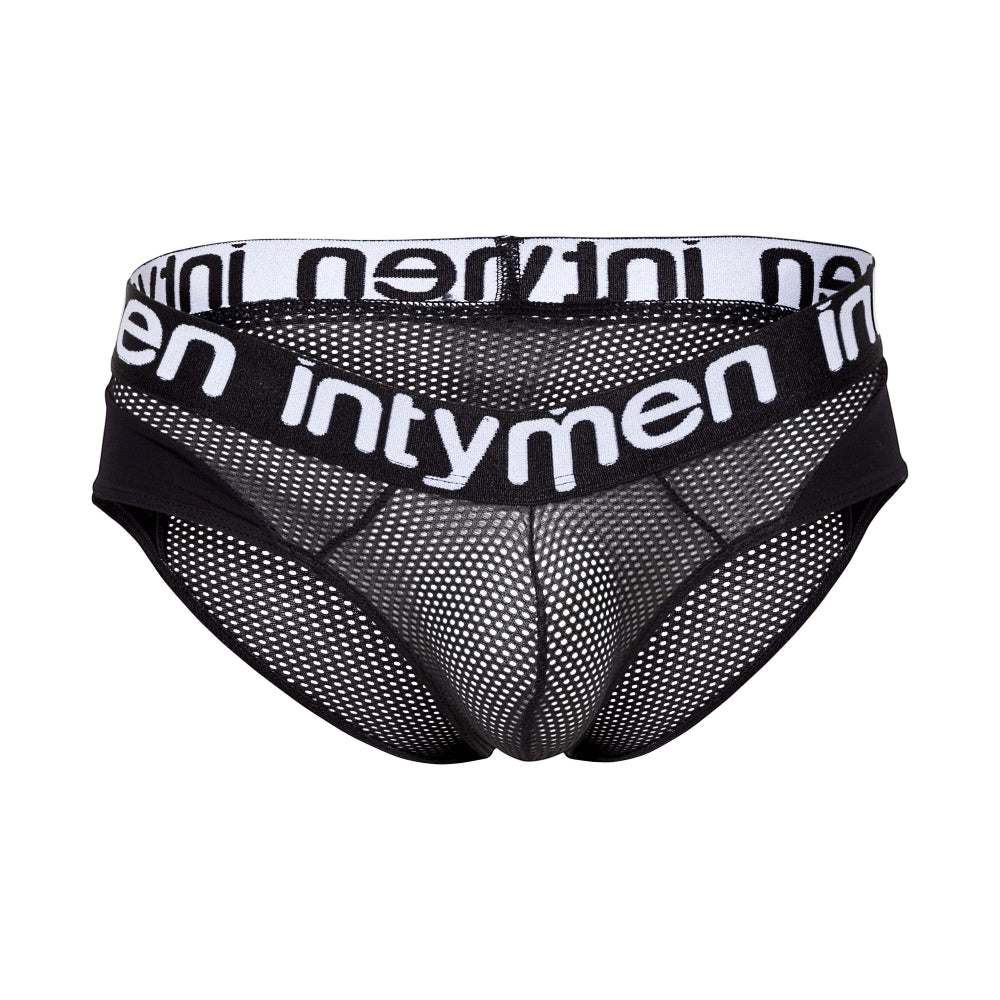The Intymen Sun Mesh Boxer Brief Mens Underwear has a wide elastic waistband displaying the brand name intymen in white. It features semi-transparent mesh for breathability and includes a supportive contour pouch for comfort.