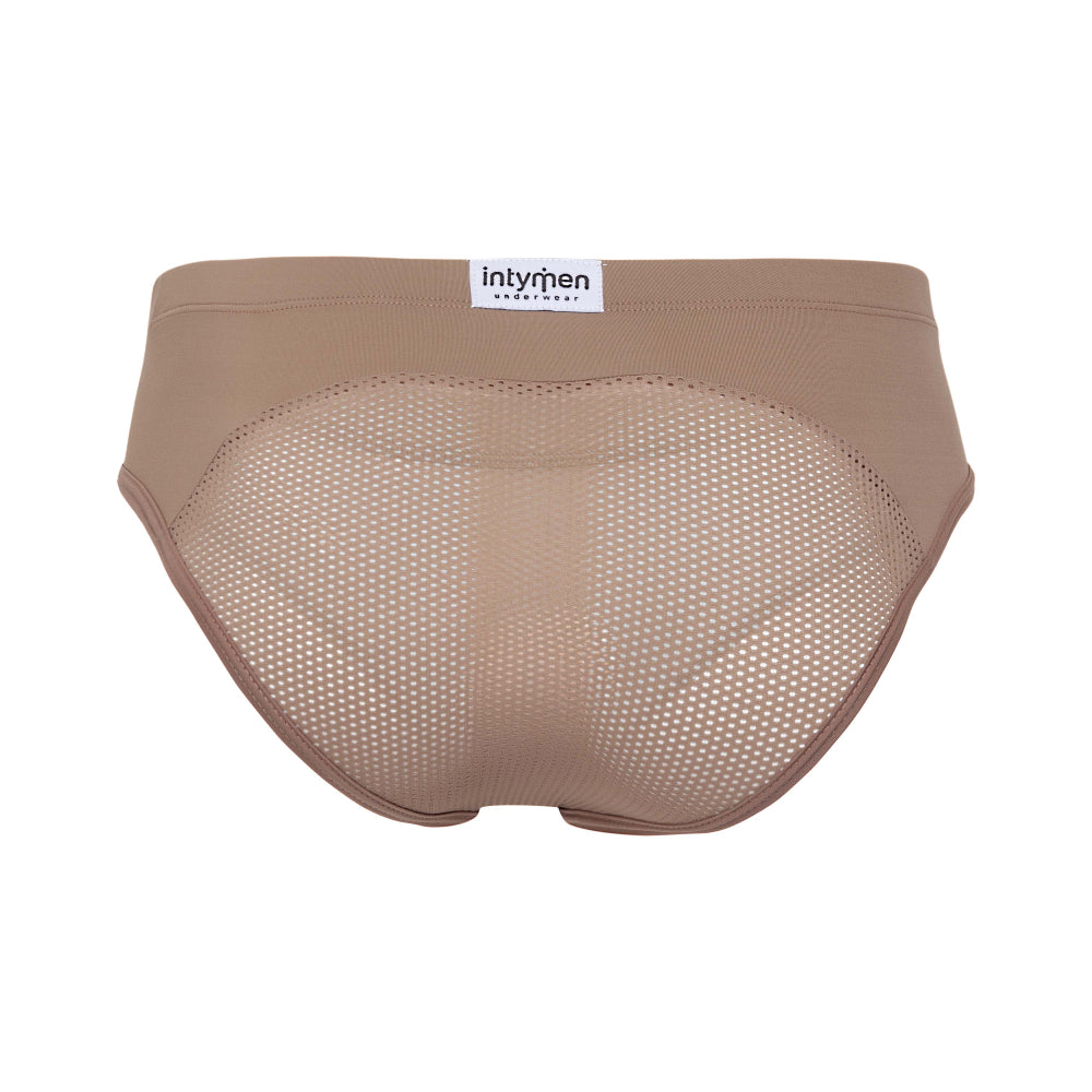 The Intymen Palm Mesh Boxer Brief features a contour pouch and stylish tan mesh back panel. The waistband has a white label with Intymen in black lettering.