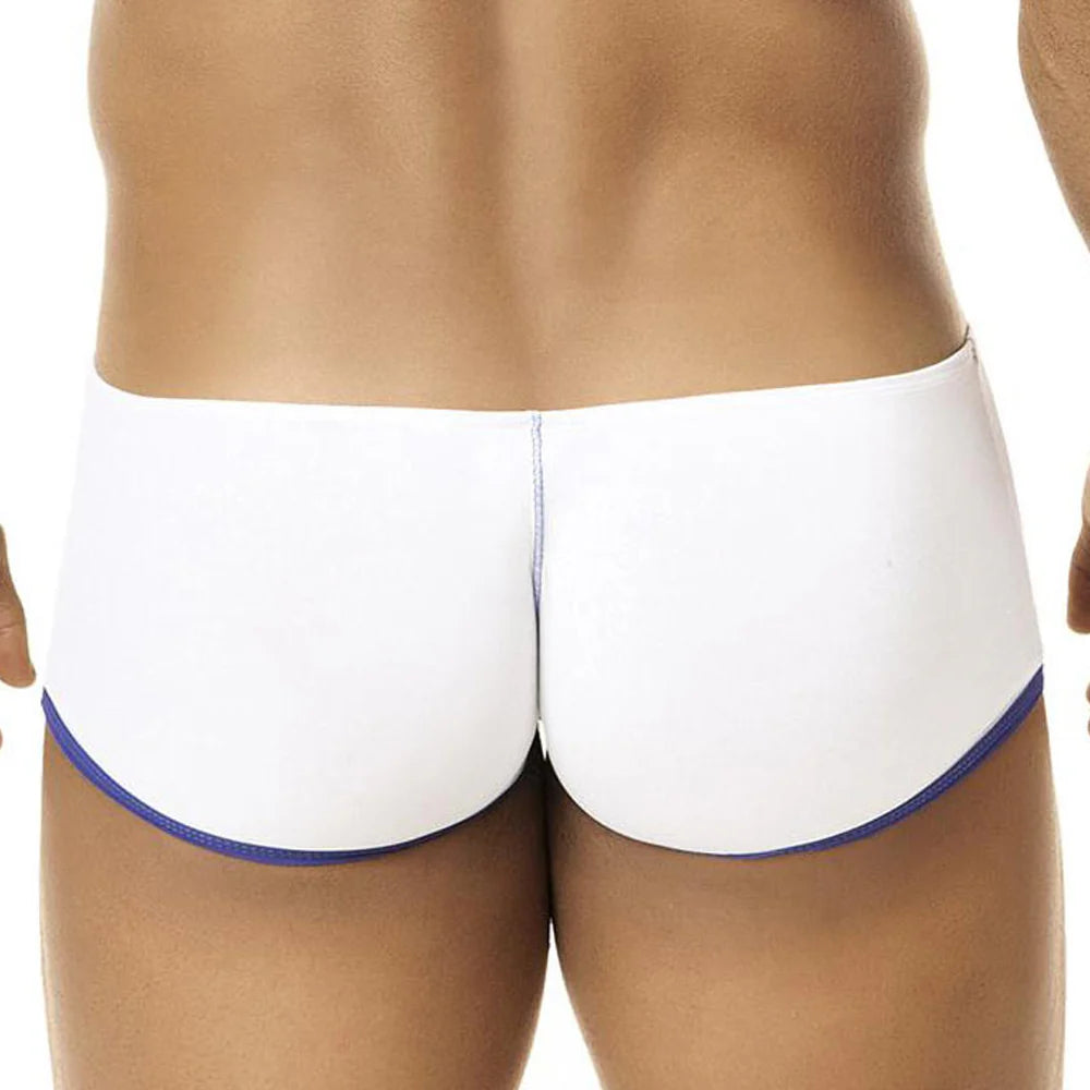 The image features a person wearing Intymen Pouch Mini Boxer, sleek square cut swim trunks by Intymen with blue trim. These premium fabric trunks fit snugly, highlighting the contours of the body effortlessly.