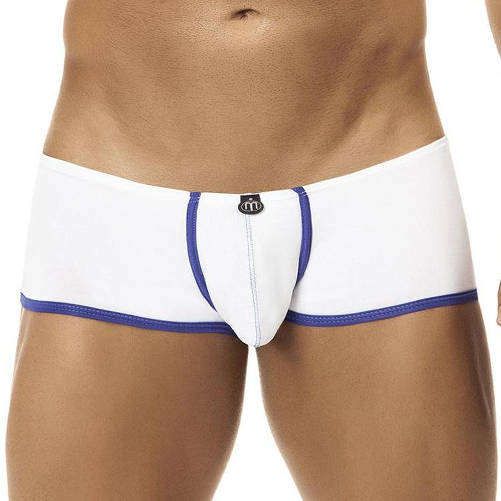 Someone wearing the Intymen Pouch Mini Boxer highlights its elegant design with a sleek white appearance, blue trim, and a small emblem on the waistband, emphasizing its premium fabric blend.