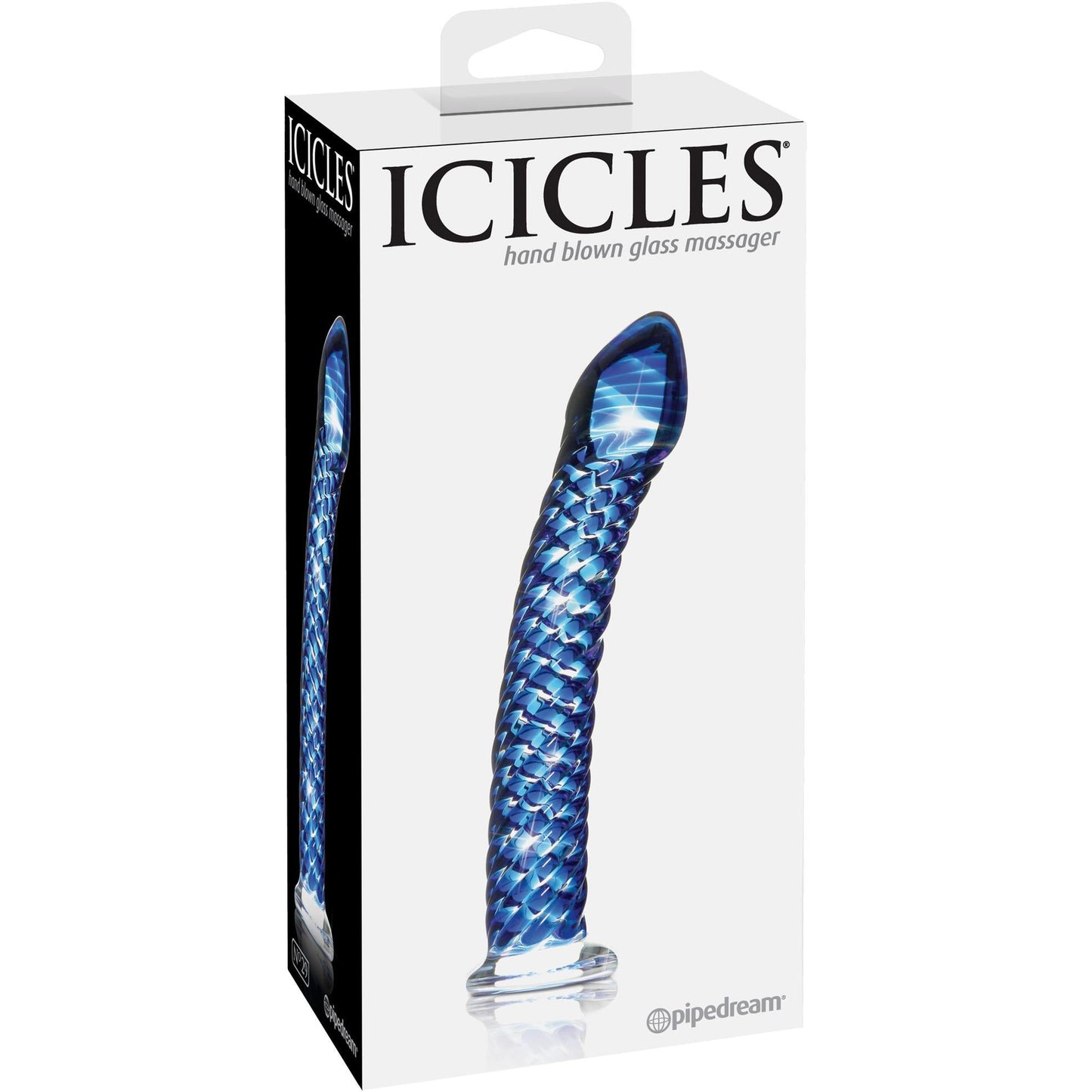 The Icicles No. 29 Hand Blown Glass massager features a premium textured blue glass design, elegantly packaged with the brand name Icicles prominently displayed by Pipedream for added sophistication.