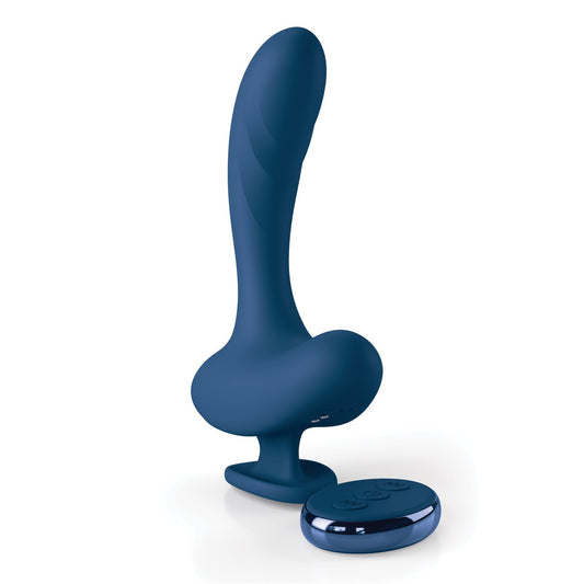 The JimmyJane Solis Kyrios Prostate Stimulator by Jimmyjane is a sleek, dark blue massager with a curved design and dual motors. It includes a small, matching wireless remote with three buttons. Displayed upright against a plain white background.