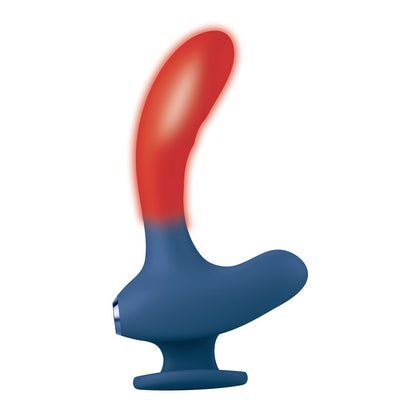 The Jimmyjane Solis Kyrios Prostate Stimulator features dual motors, a curved design, flat base for stability, smooth material with a blue-to-red gradient tip, and a wireless remote for an enhanced experience.