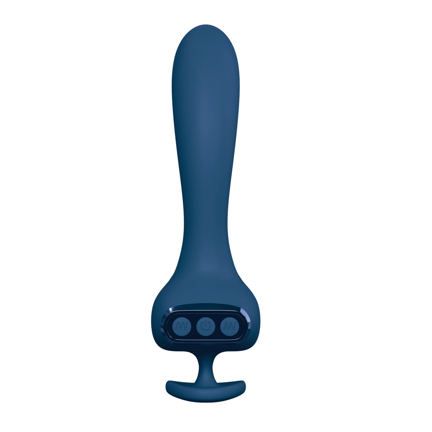 The JimmyJane Solis Kyrios Prostate Stimulator by Jimmyjane is a teal, ergonomic personal massager with dual motors. It has a rounded, elongated body, a curved handle, and three surface control buttons for effortless use.