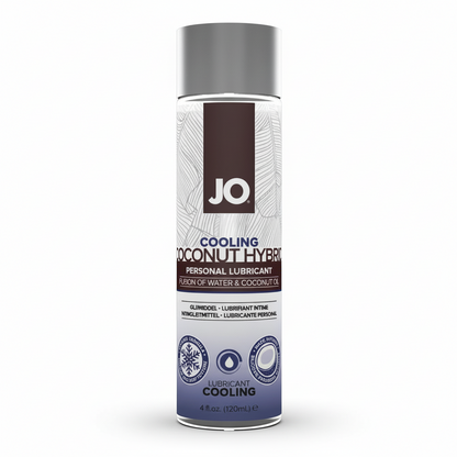A 4 oz bottle of System JO Coconut Hybrid - Cooling Lubricant features a silver cap and label emphasizing its unique coconut oil blend and refreshing cooling sensation.
