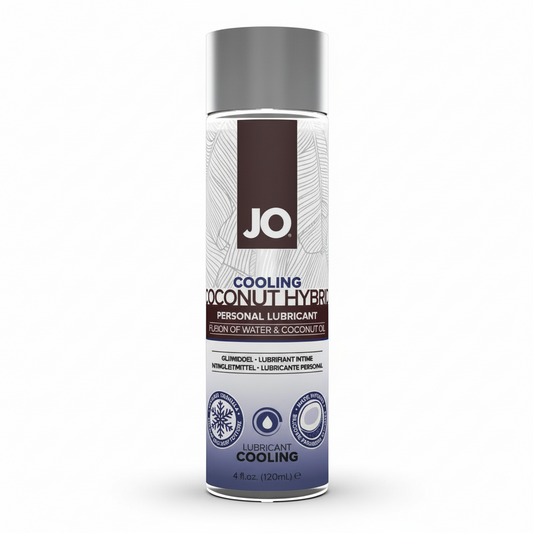 A 4 oz bottle of System JO Coconut Hybrid - Cooling Lubricant features a silver cap and label emphasizing its unique coconut oil blend and refreshing cooling sensation.